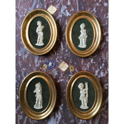 "4 Seasons" In Ivory Carved Ancient Medallions Golden Frames