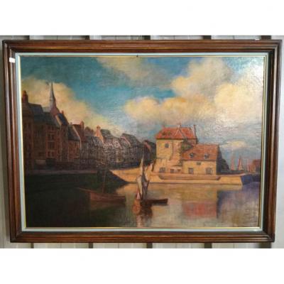 Grand Tableau Ancien, Vue Du Port De Honfleur, Normandie 