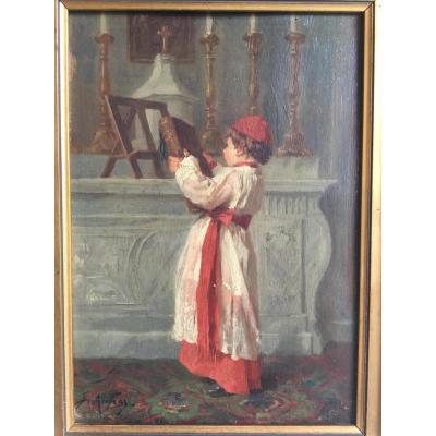 “L’enfant de cœur préparant la messe “ signé Joseph Athanase Aufray (1836-1885).