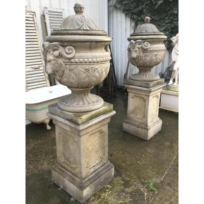 Great Pair Of Vases Covered On Louis XVI Style Pedestals, Decor Aries Heads, Garden, Park