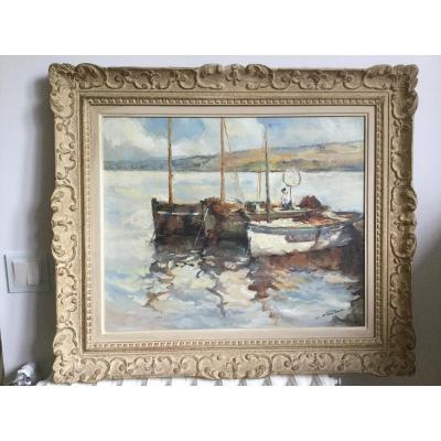 View Of Brittany, Fishing Boats, Oil On Canvas Old Signed