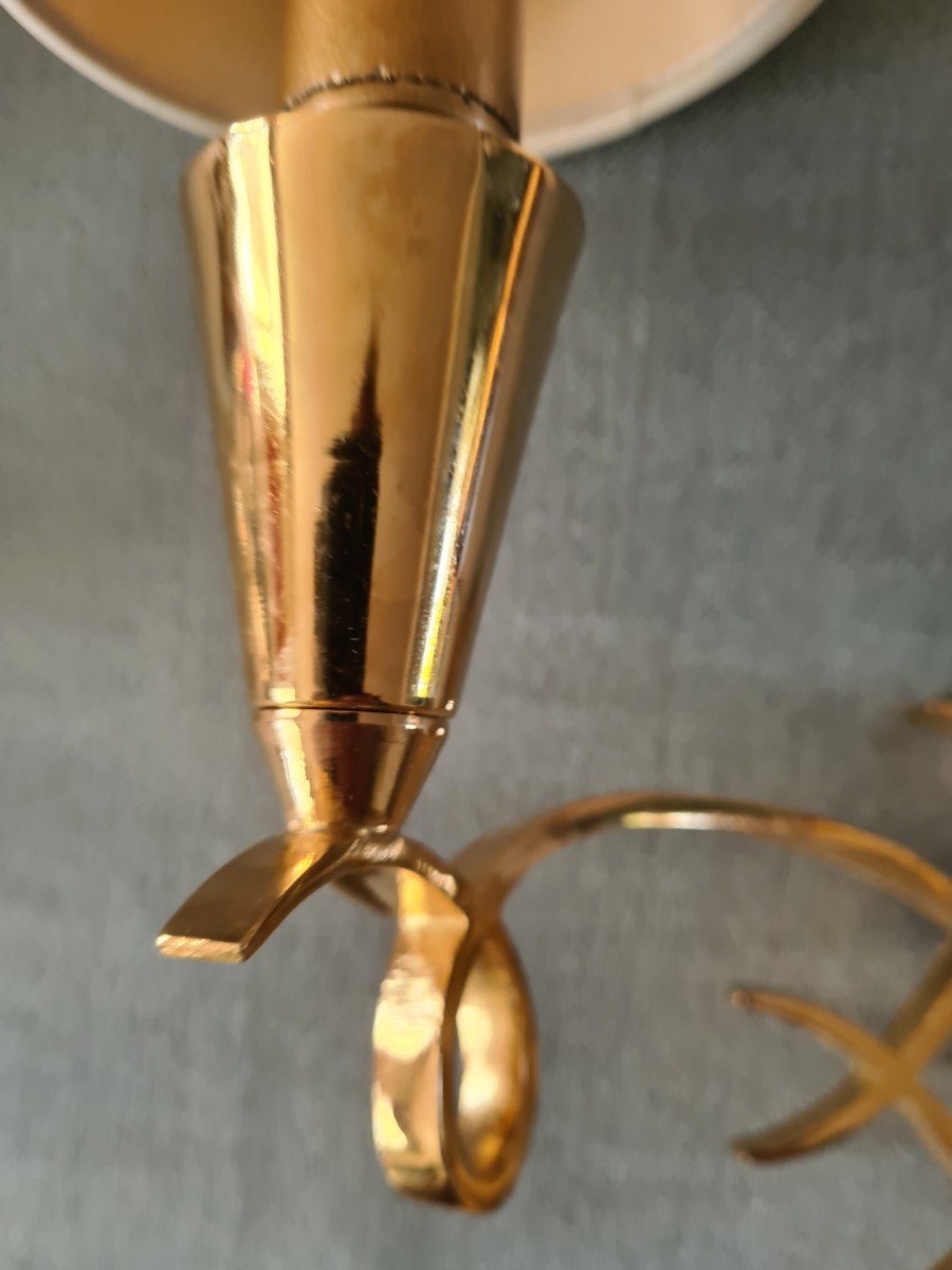 Pair Of Golden Brass Sconces 1940's In The Taste Of Leleu-photo-3