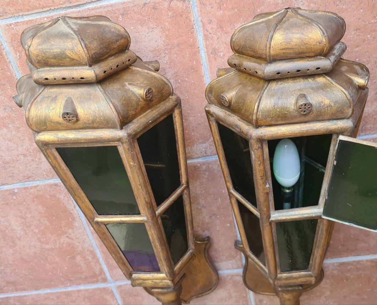 Pair Of 20th Century Golden Iron Wall Lanterns -photo-3