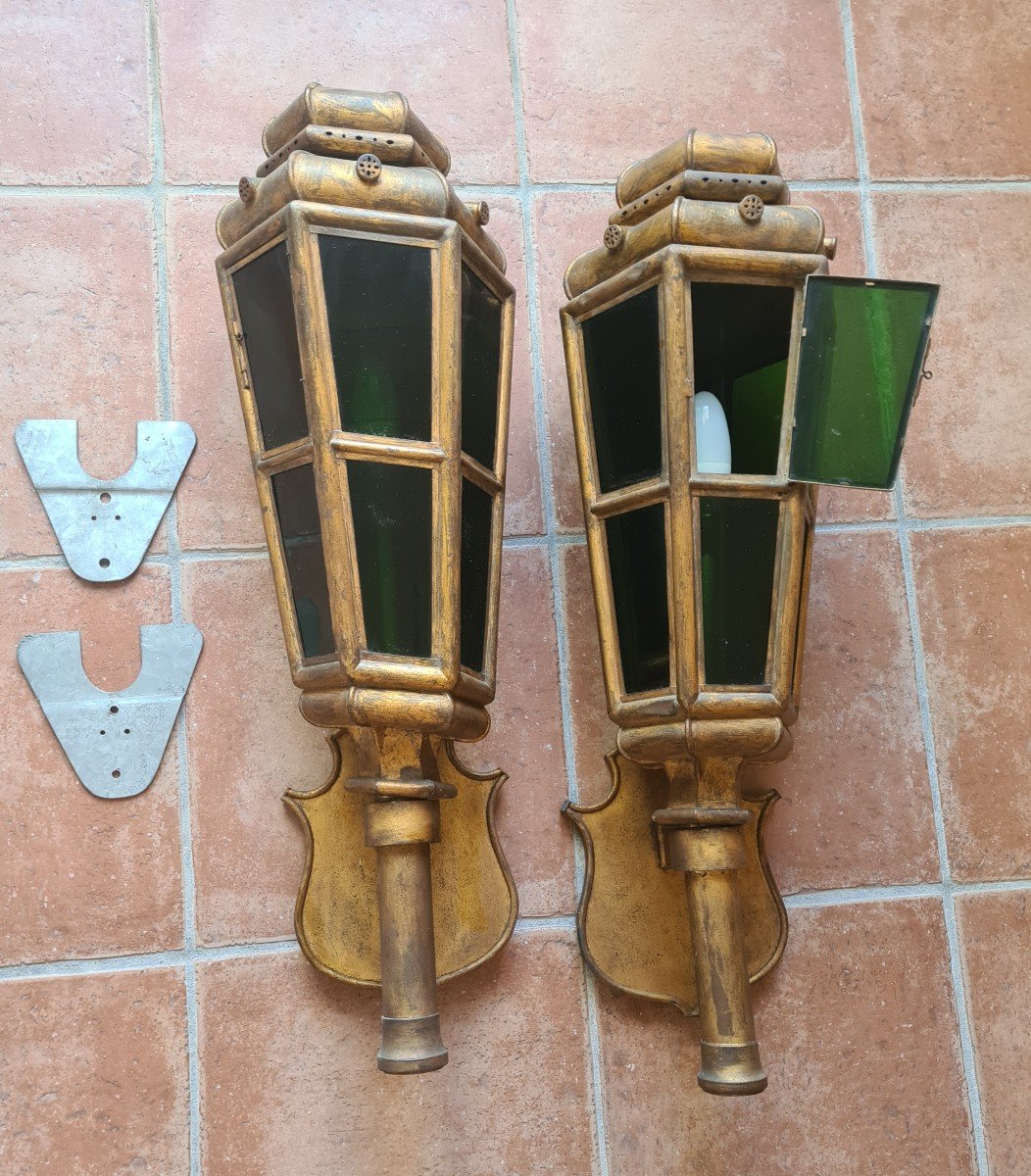 Pair Of 20th Century Golden Iron Wall Lanterns -photo-4