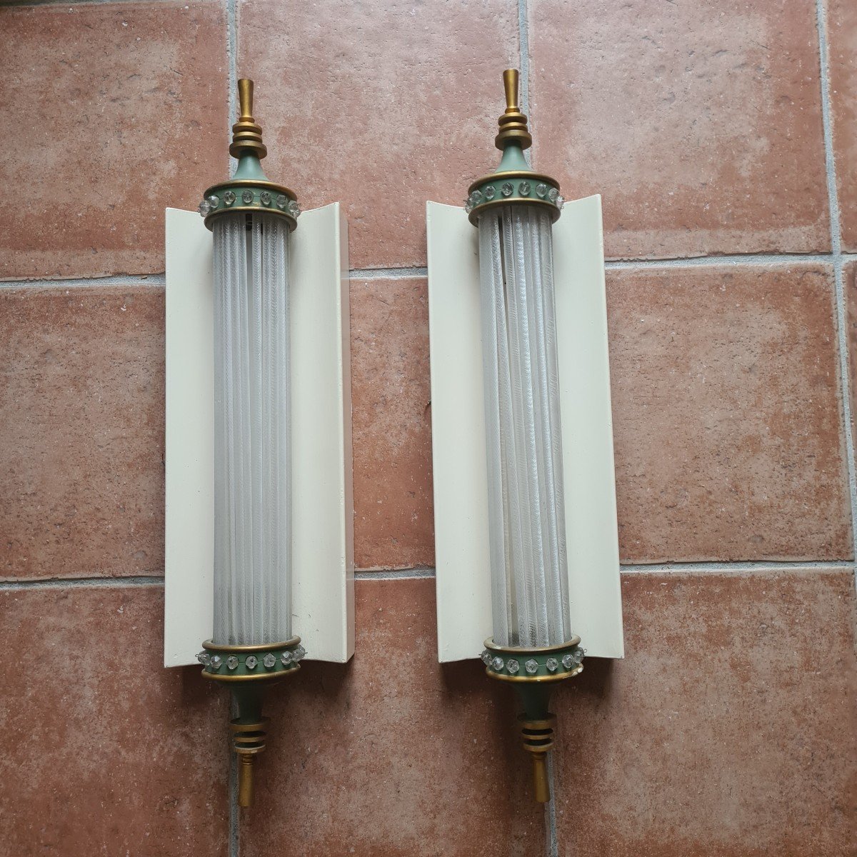 Pair Of Brass And Glass Sconces 1930's-photo-2