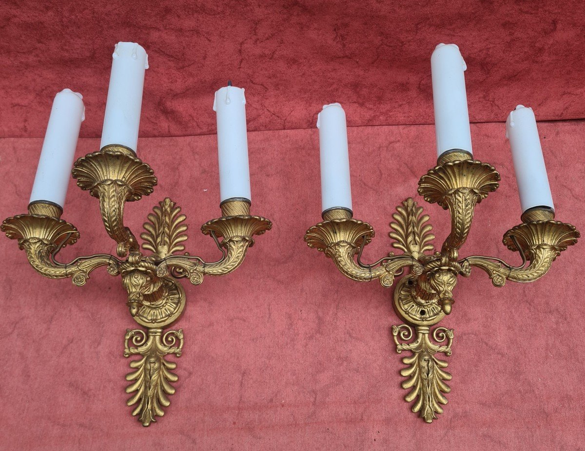 Pair Of Restoration Sconces In Gilt Bronze Late 19th Eme