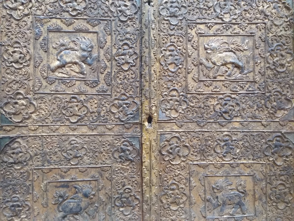 2 Ancient Doors Golden Bas Relief Southeast Asia