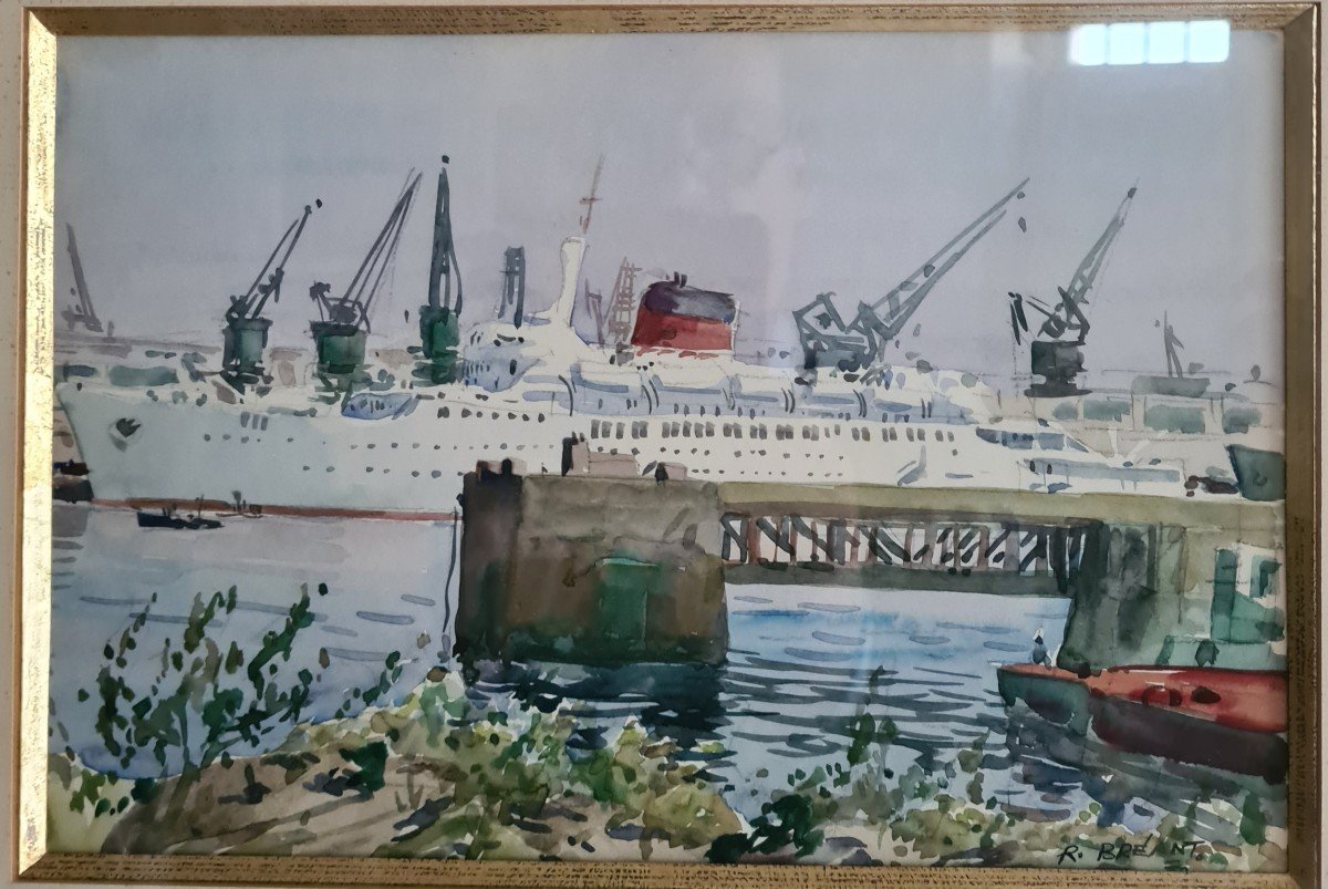 Watercolor Antille Liner At Quay 1960-photo-4