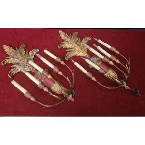 Pair Of Sconces In Painted Tole And Golden Wood Early 20th Century