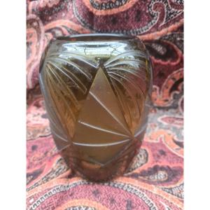 Olive-colored Vase With Geometric Decoration By Legras