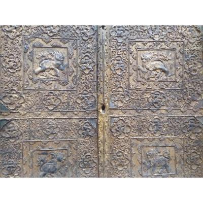 2 Ancient Doors Golden Bas Relief Southeast Asia
