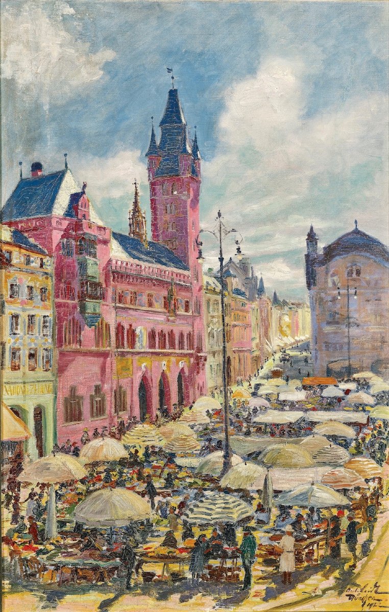 Anton Leidl (1900 - 1976) Market Square In Basel, Switzerland-photo-2