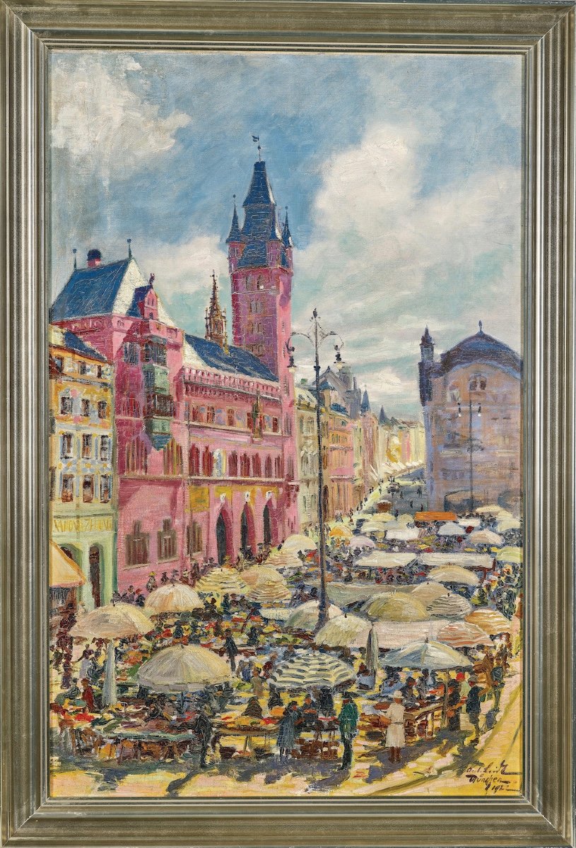 Anton Leidl (1900 - 1976) Market Square In Basel, Switzerland