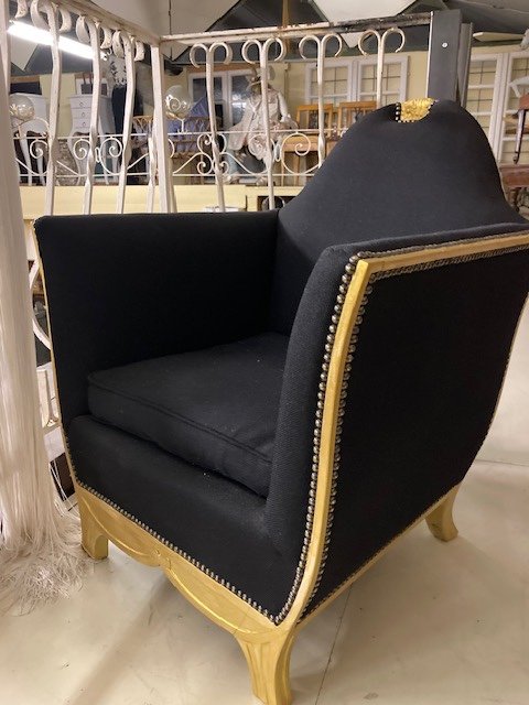 Fauteuil Art Déco noir avec Ornements Dorés