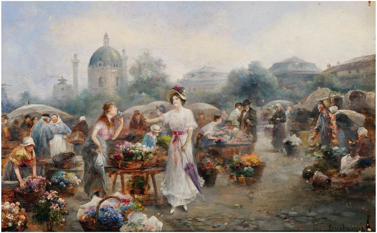 Emil Barbarini (1855 - 1930) - Market In Front Of The Karlskirche In Vienna-photo-2