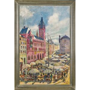 Anton Leidl (1900 - 1976) Place du Marché à Bâle, Suisse