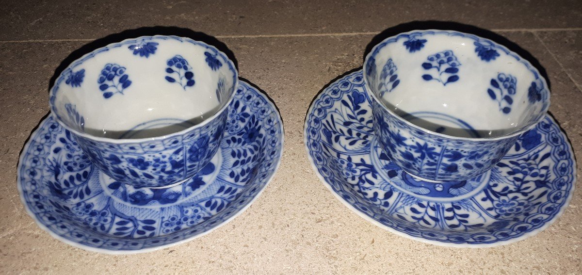 Pair Of Chinese Blue And White Cups And Saucers, China Kangxi Period-photo-3