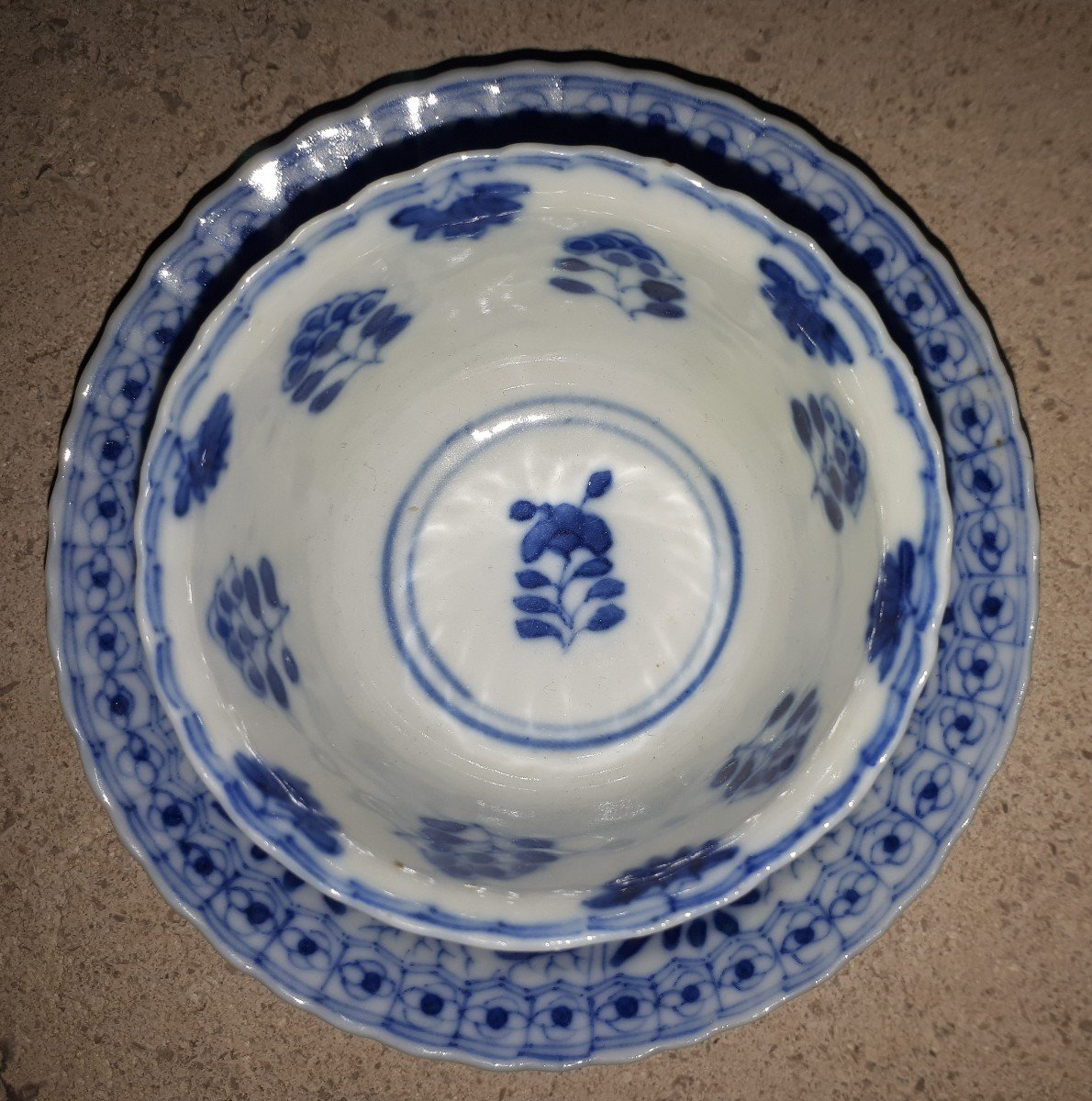 Pair Of Chinese Blue And White Cups And Saucers, China Kangxi Period-photo-4