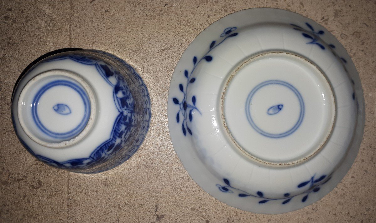 Pair Of Chinese Blue And White Cups And Saucers, China Kangxi Period-photo-6