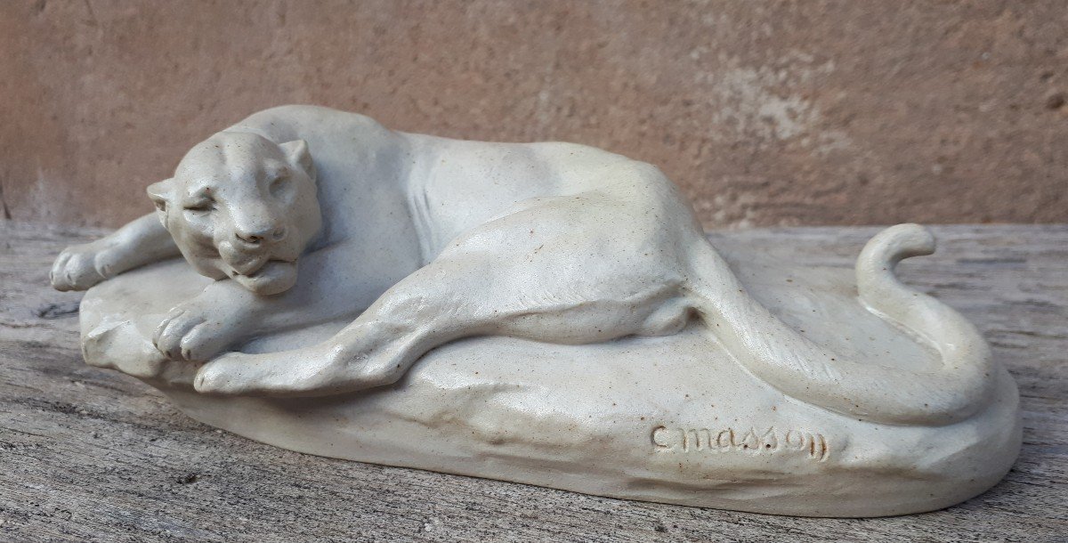 Sculpture Of A Lying Lioness, By Clovis-edmond Masson (éditeurs Susse Frères)-photo-2