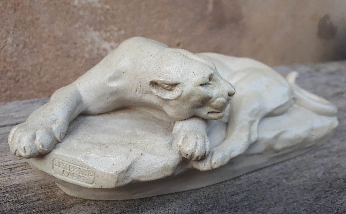 Sculpture Of A Lying Lioness, By Clovis-edmond Masson (éditeurs Susse Frères)-photo-4