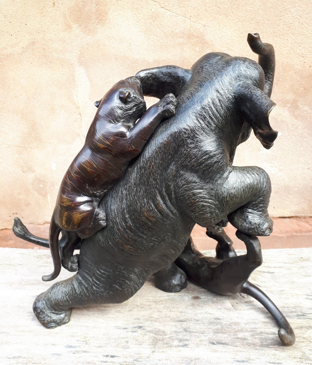Okimono - Sculpture En Bronze d'Un éléphant Attaqué Par Des Tigres, Japon ère Meiji-photo-3