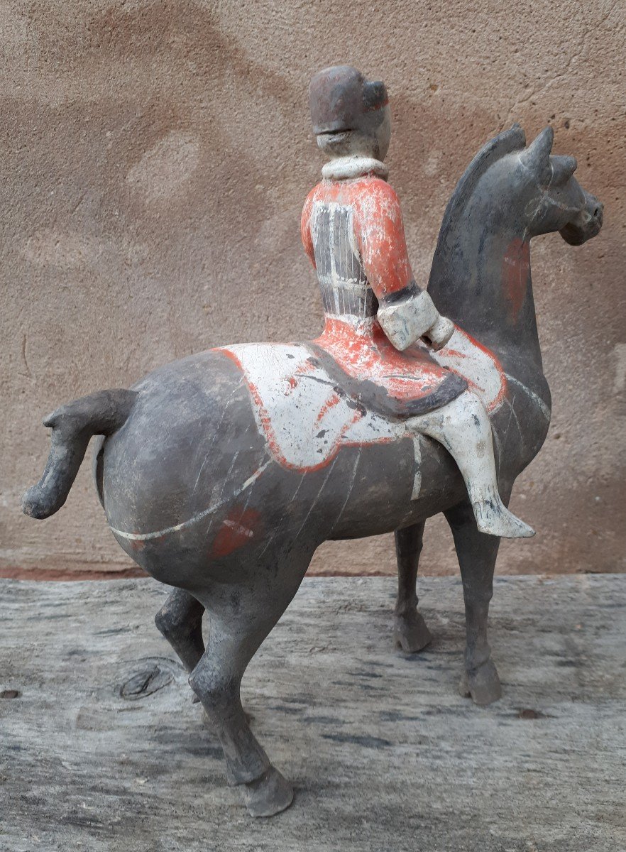 Sculpture Chinoise En Terre Cuite Représentant Un Cavalier, Chine Dynastie Han-photo-3