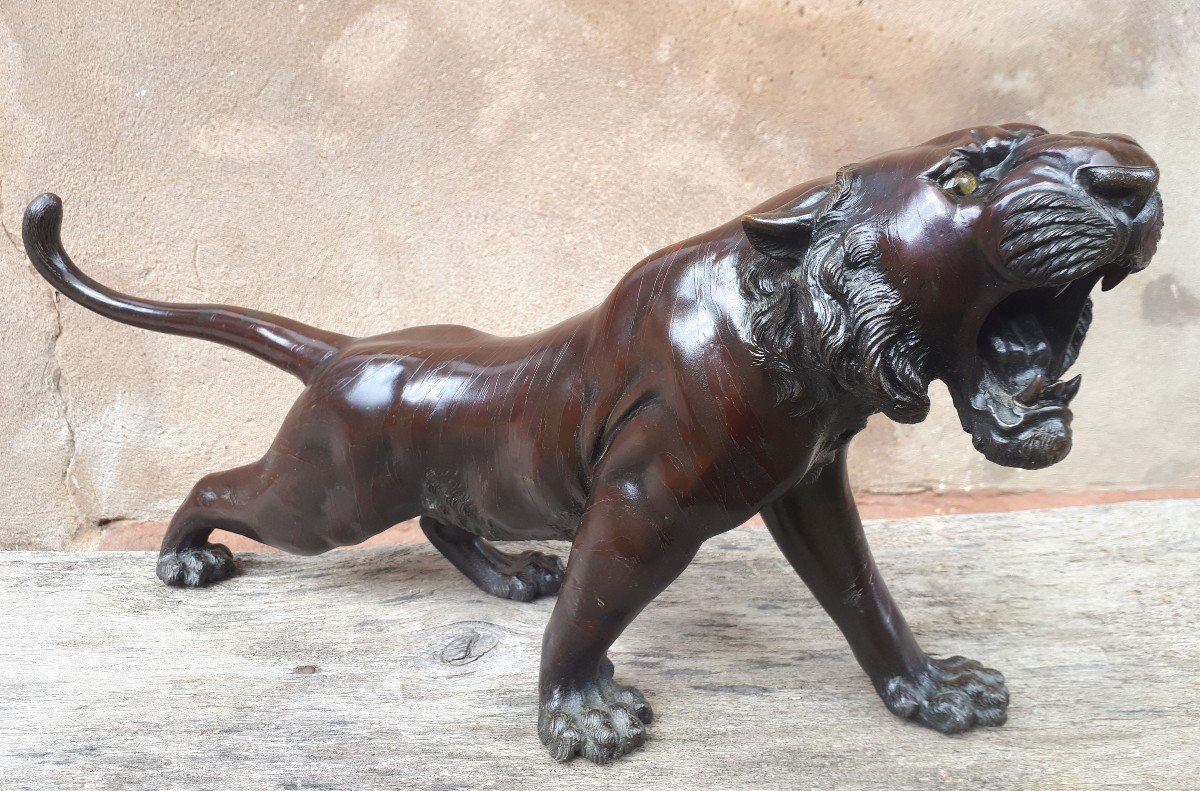 Okimono - Sculpture En Bronze d'Un Tigre, Japon ère Meiji-photo-3