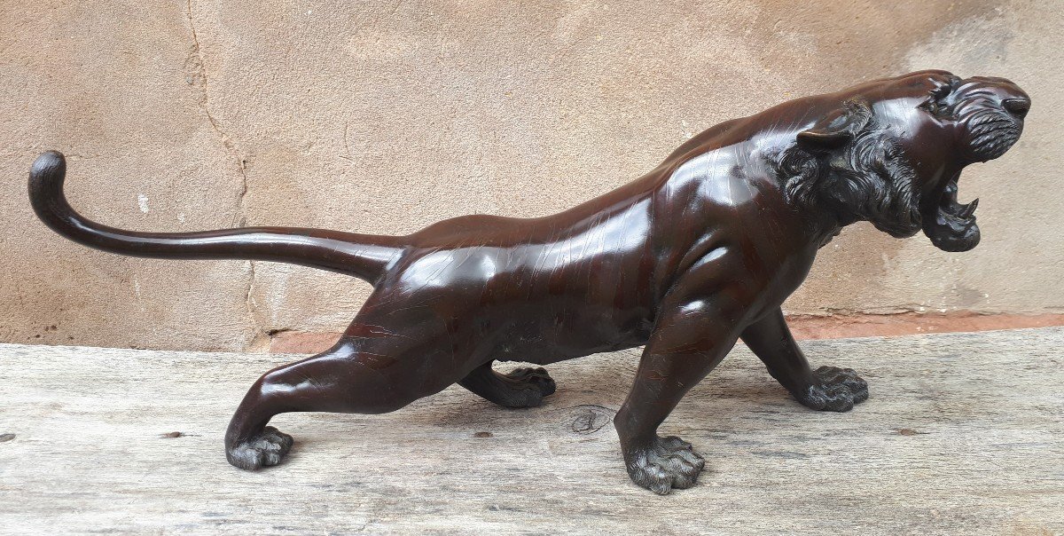 Okimono - Sculpture En Bronze d'Un Tigre, Japon ère Meiji