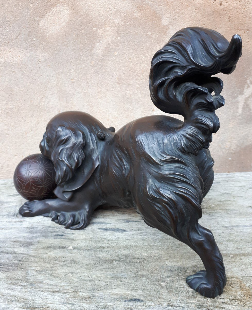 Okimono - Sculpture En Bronze d'Un Chiot, Japon ère Meiji-photo-3