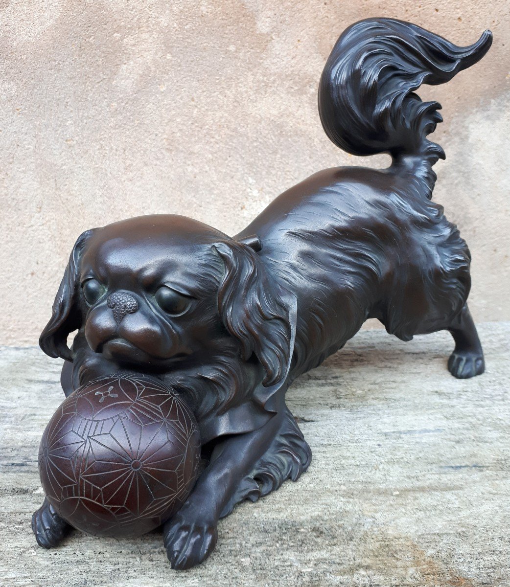 Okimono - Sculpture En Bronze d'Un Chiot, Japon ère Meiji