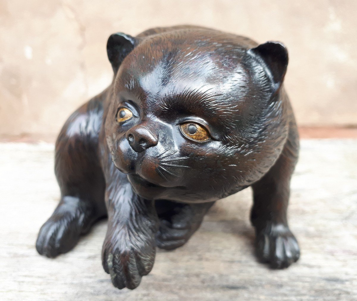 Okimono - Sculpture En Bronze d'Un Chiot Par Munechika, Japon ère Meiji