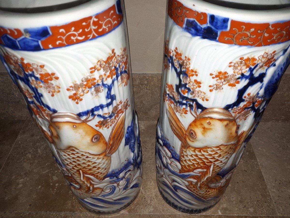 Arita Porcelain Vases With Carps Decoration, Meiji Era Japan-photo-2