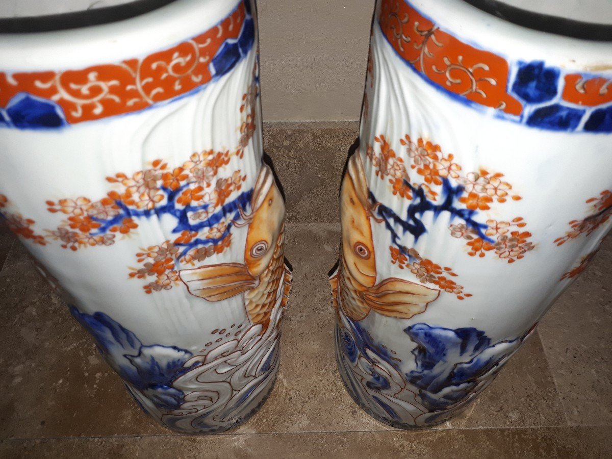 Arita Porcelain Vases With Carps Decoration, Meiji Era Japan-photo-4