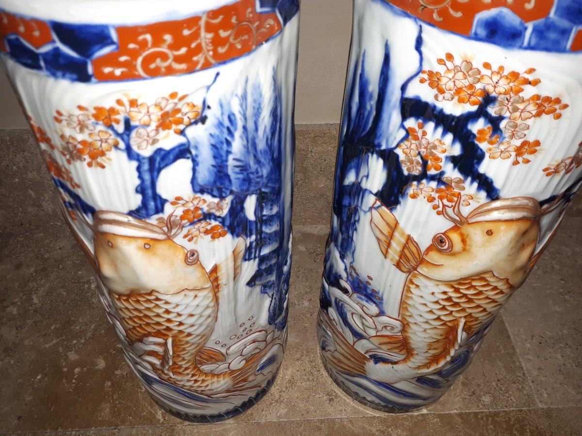 Arita Porcelain Vases With Carps Decoration, Meiji Era Japan-photo-2