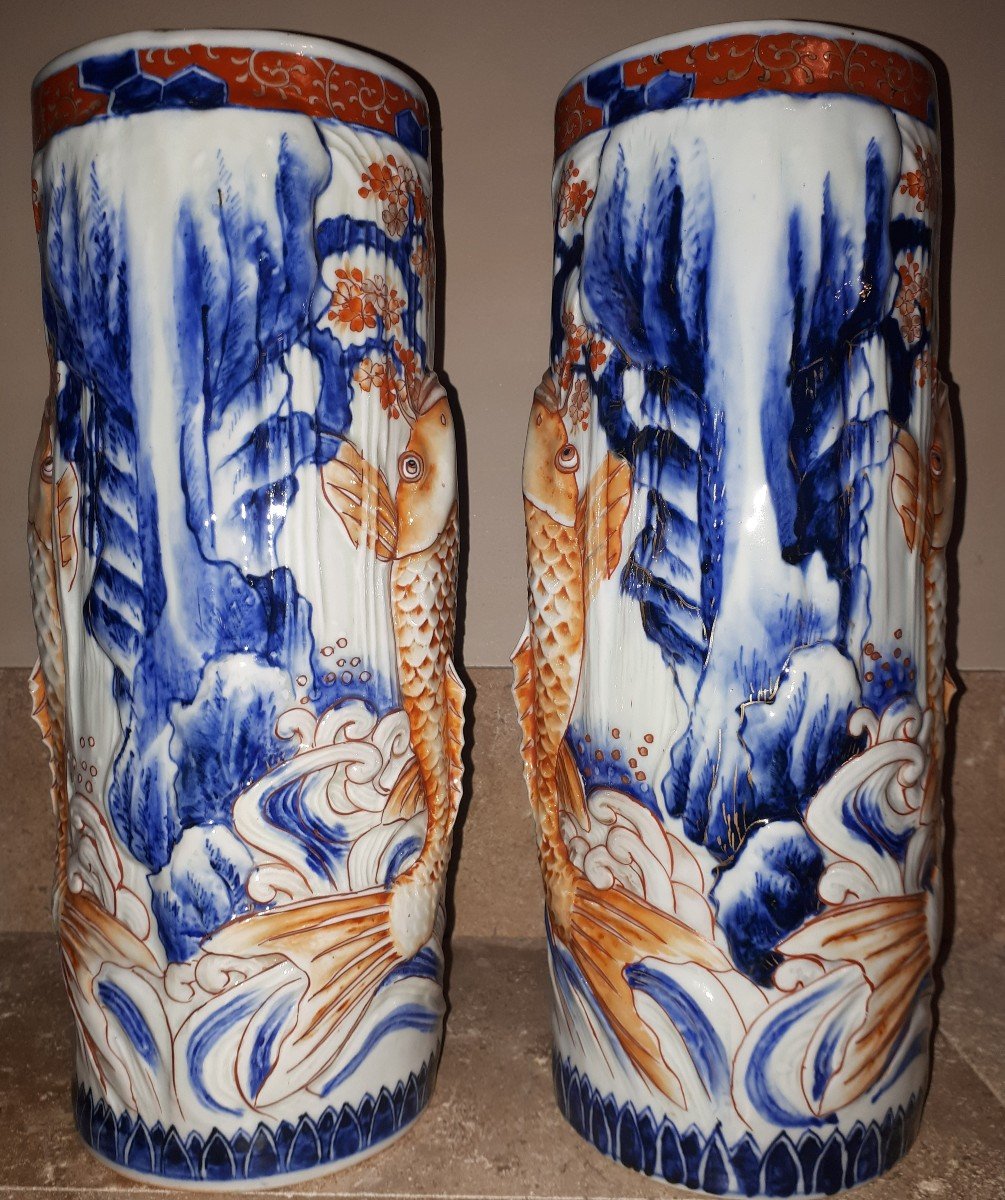 Arita Porcelain Vases With Carps Decoration, Meiji Era Japan-photo-3