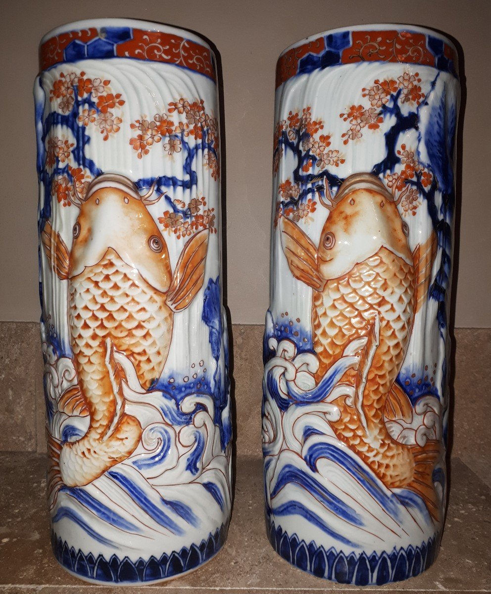 Arita Porcelain Vases With Carps Decoration, Meiji Era Japan