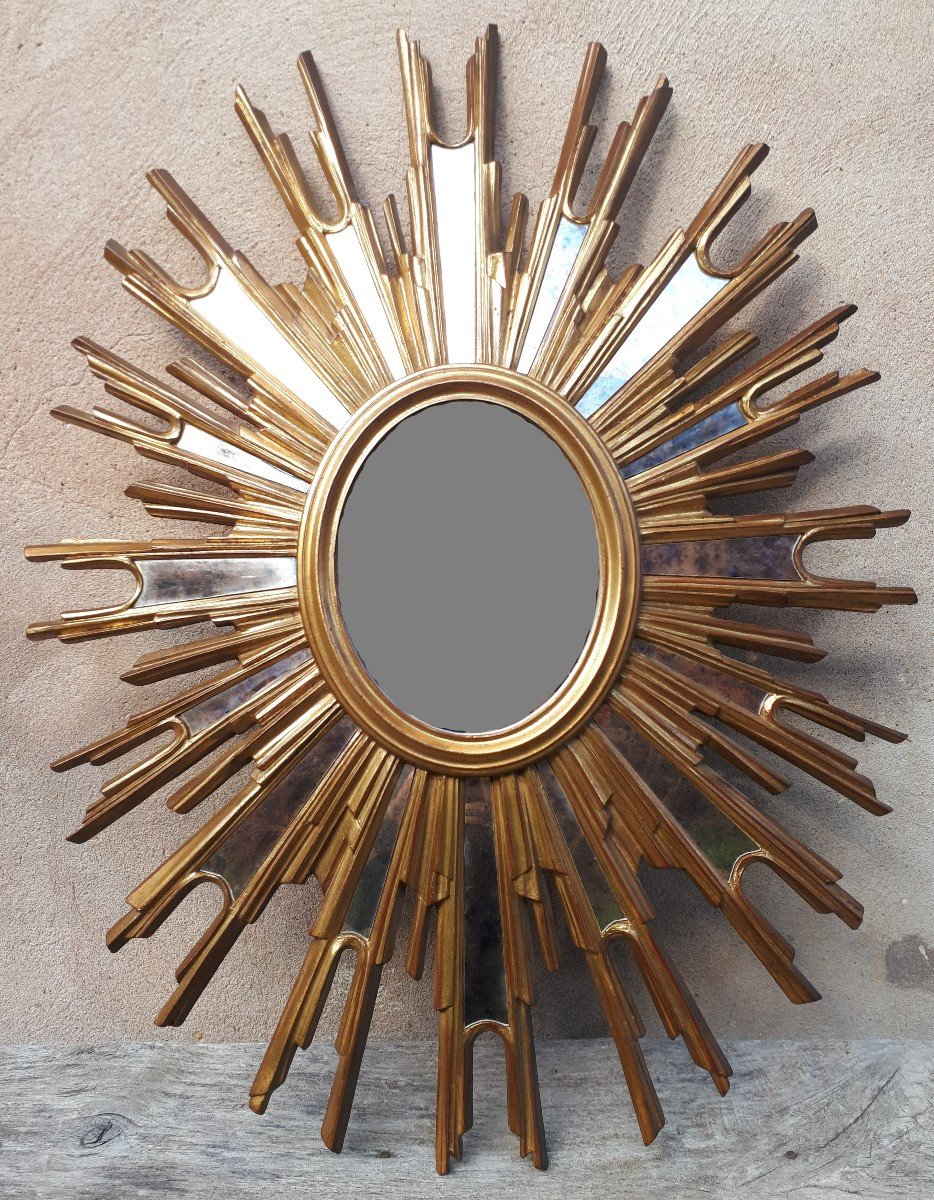 Miroir De Sorcière Ou Soleil En Bois Doré, France 1950