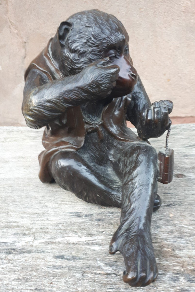 Okimono - Sculpture En Bronze d'Un Singe Par Masatsune, Japon ère Meiji-photo-3