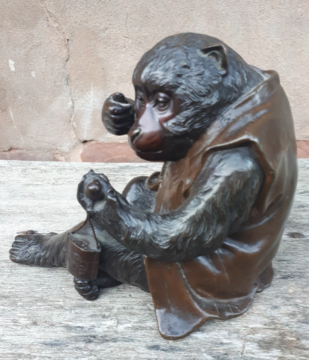 Okimono - Sculpture En Bronze d'Un Singe Par Masatsune, Japon ère Meiji-photo-3