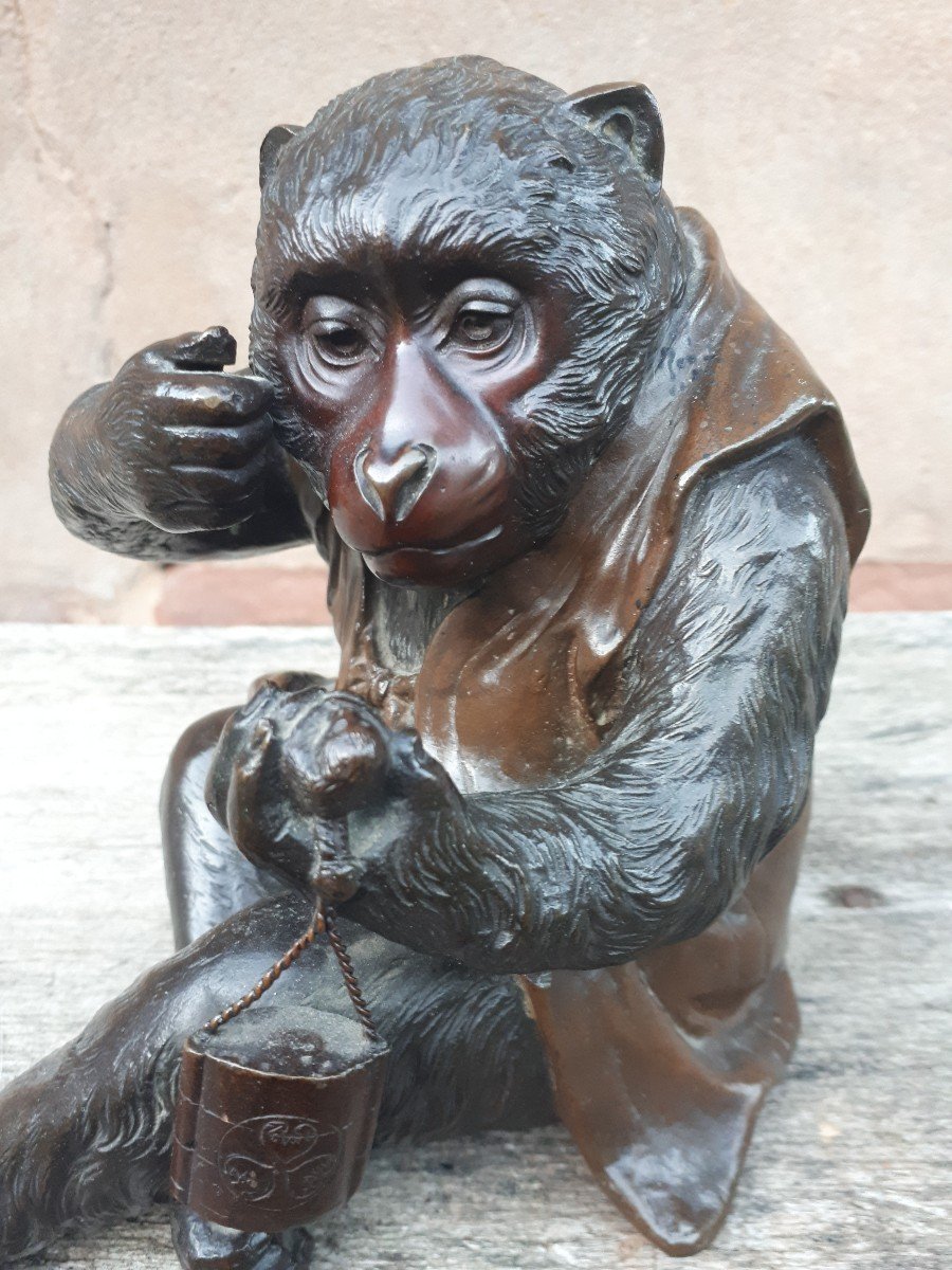 Okimono - Sculpture En Bronze d'Un Singe Par Masatsune, Japon ère Meiji-photo-4