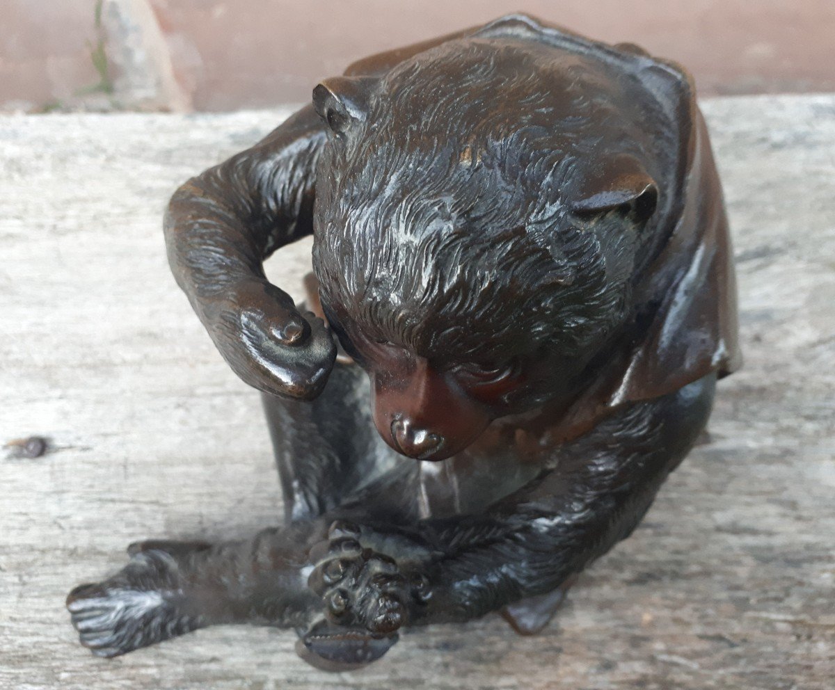 Okimono - Sculpture En Bronze d'Un Singe Par Masatsune, Japon ère Meiji-photo-6