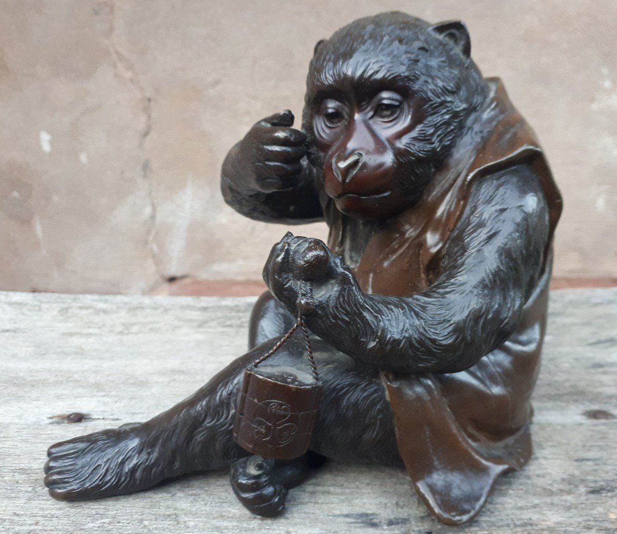 Okimono - Sculpture En Bronze d'Un Singe Par Masatsune, Japon ère Meiji