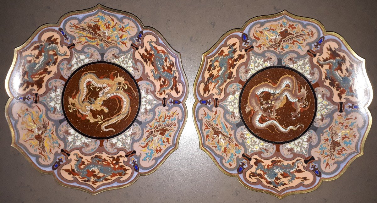 Pair Of Japanese Cloisonné Enamel Dishes, Japan Meiji Era