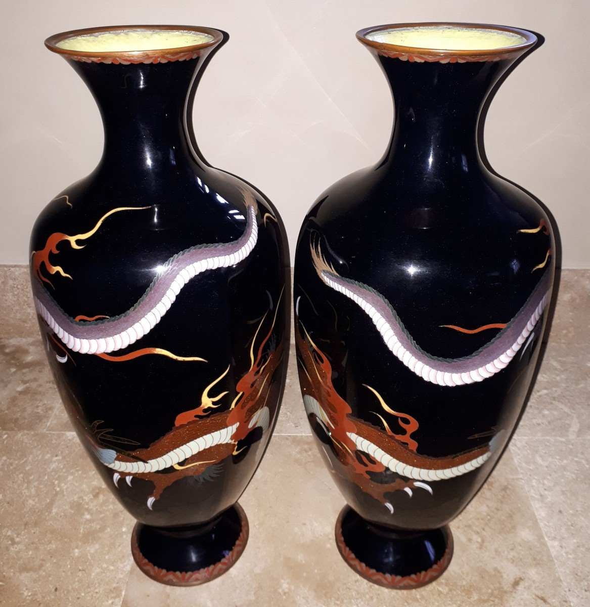 Pair Of Japanese Cloisonné Enamel Vases, Japan Meiji Era-photo-1