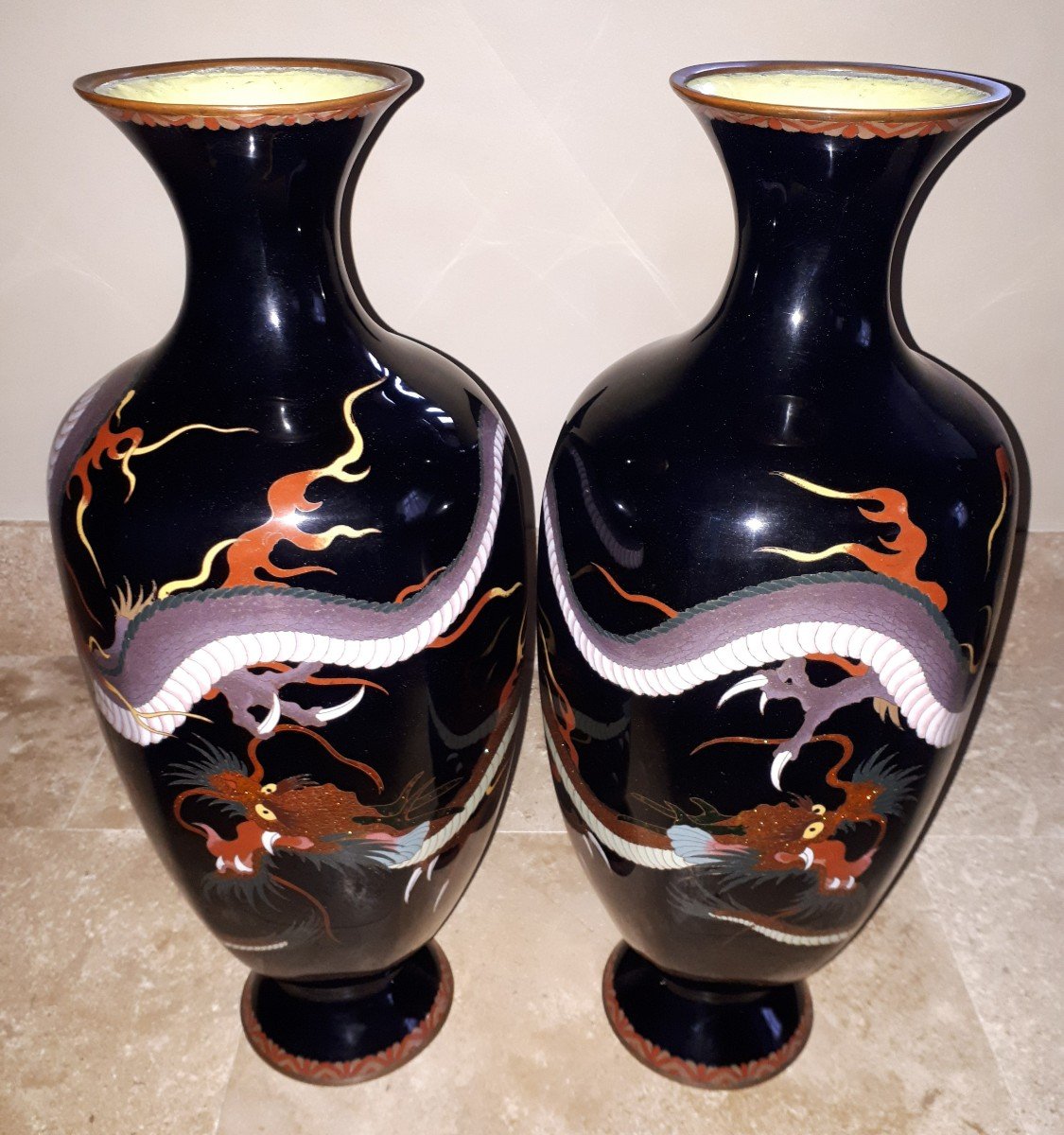 Pair Of Japanese Cloisonné Enamel Vases, Japan Meiji Era-photo-2