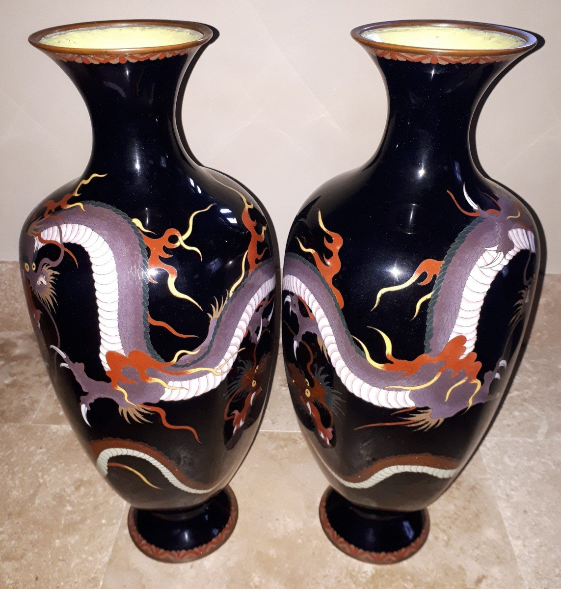 Pair Of Japanese Cloisonné Enamel Vases, Japan Meiji Era-photo-5