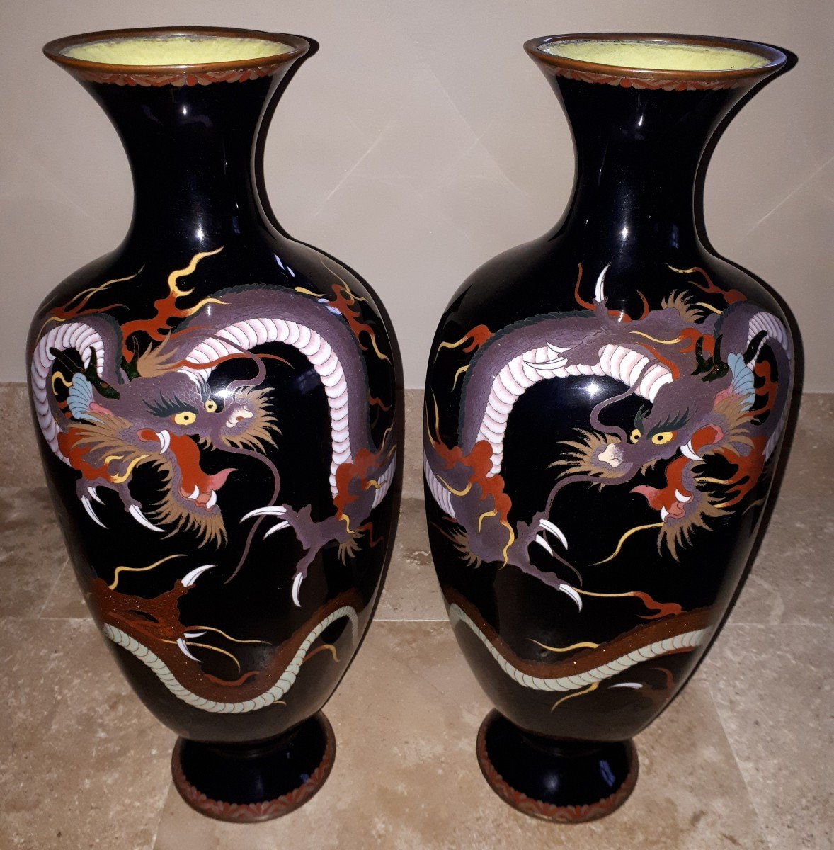 Pair Of Japanese Cloisonné Enamel Vases, Japan Meiji Era