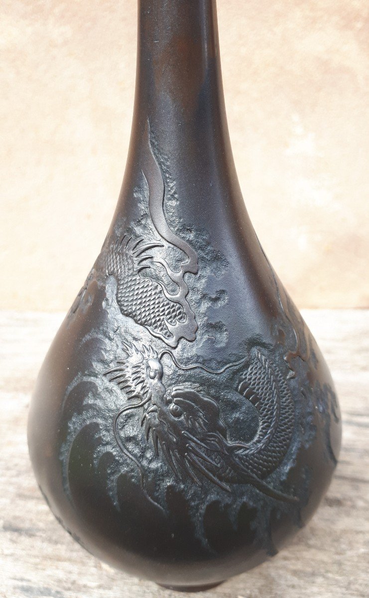 Japanese Bronze Vase With Dragon Decor By Mazayuki, Japan Meiji Era-photo-3