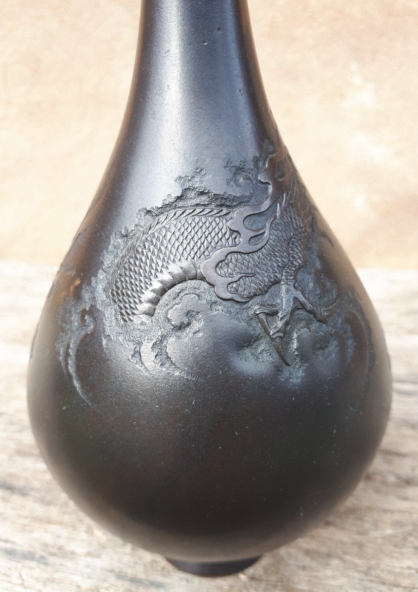 Japanese Bronze Vase With Dragon Decor By Mazayuki, Japan Meiji Era-photo-4